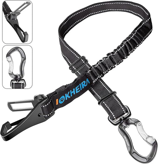 IOKHEIRA Dog Seatbelt, Updated Adjustable Harness Reflective Bungee Dog Car Seat Belt with Aviation Aluminum Alloy Rotatable Carabiner, Hook & Buckle