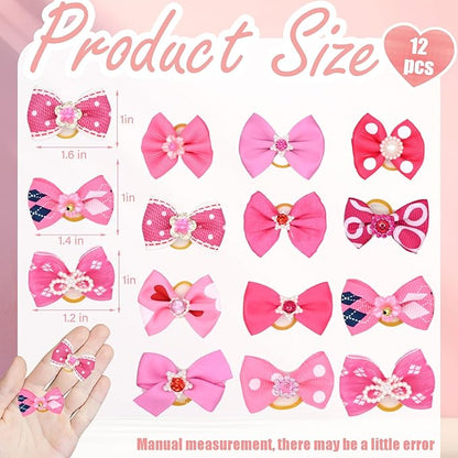 12 Pcs Small Dog Hair Bows with Rubber Bands Bowknot Dog Hair Accessories for Puppy Kitten (Pink)