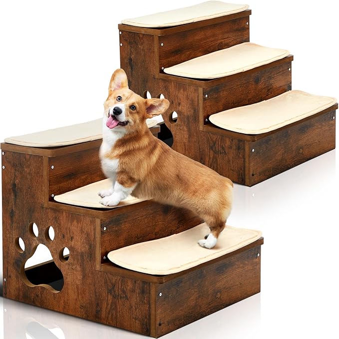 Wenqik 2 Pcs Wooden Dog Stairs Steps 15.2" x 17" x 13.6" 3 Tiers Pet Steps for Medium Dogs Non Slip Puppy Stairs with Storage and 3 Pcs Washable Carpeted for Pets Get on and Off The High Beds