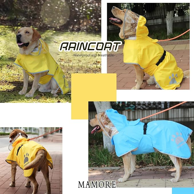 MAMORE Dog Raincoat Hooded Rain Jacket for Small Medium Large Dogs Slicker Poncho Bottom Waterproof Adjustable Reflective Breathable Leash Hole (Yellow, Large)