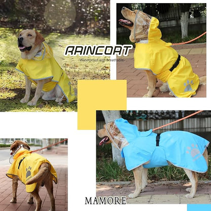 MAMORE Dog Raincoat Hooded Rain Jacket for Small Medium Large Dogs Slicker Poncho Bottom Waterproof Adjustable Reflective Breathable Leash Hole (Yellow, Large)