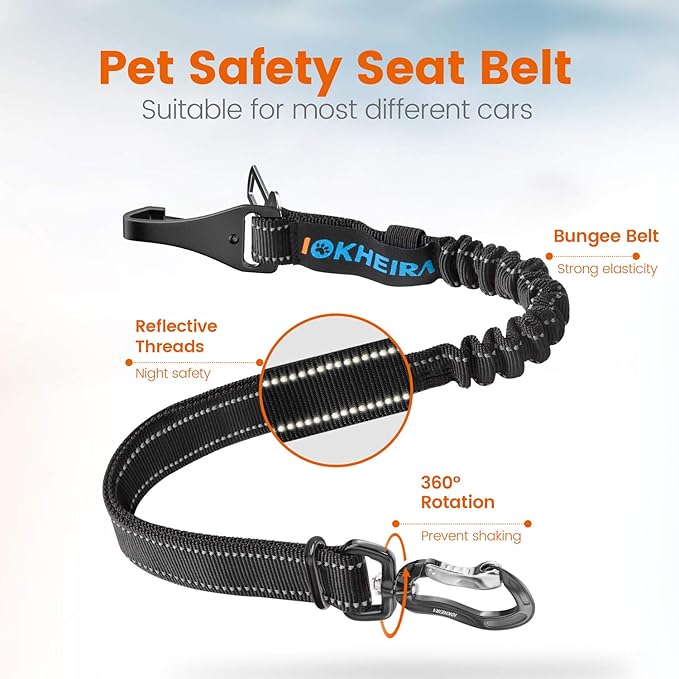 IOKHEIRA Dog Seatbelt, Updated Adjustable Harness Reflective Bungee Dog Car Seat Belt with Aviation Aluminum Alloy Rotatable Carabiner, Hook & Buckle