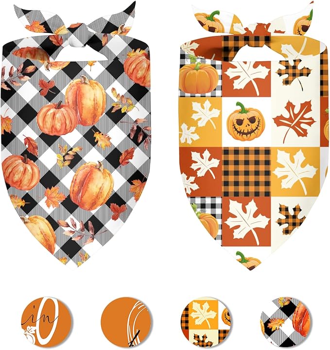 Fall Dog Bandana 2 Pack Halloween Dog Bandanas Thanksgiving Pumpkin Pet Scarf Reversible Fall Triangle Bibs Soft Cotton Boy Girl Dog Bandanas for Small, Medium, Large Dogs (Large)