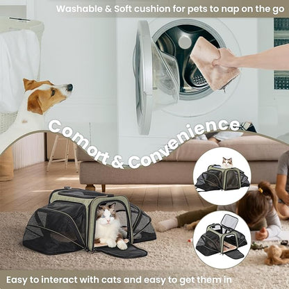 Petsfit Expandable Rabbit Carrier Bunny Carriers, 16 Inch Airline Approved Pet Carrier with 2 Extensions, Soft Washable Cushion, Self-Locking Zipper Head, Built-in Safety Rope, Fit for Travel