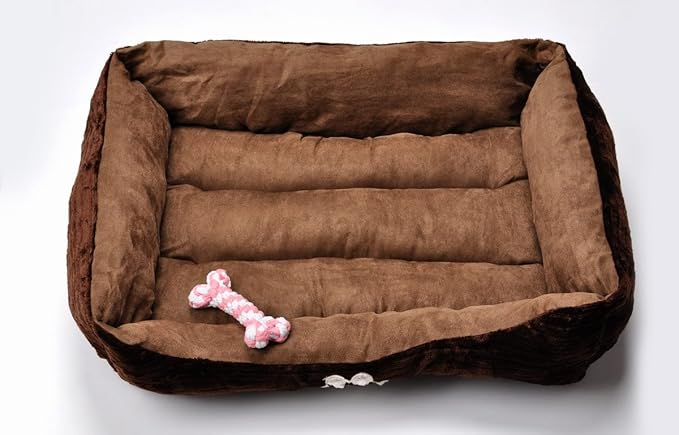 HCT-REC008 Rectangle Pet Bed with Dog Paw Printing Toys, 25" x 21", Brown/Coffee