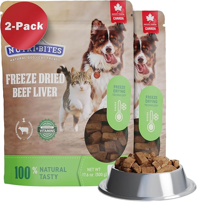 Nutri Bites Beef Liver Treats for Dogs & Cats - 2 Pack (35 oz Total) - High-Protein Freeze Dried Beef Liver Snacks, Single Ingredient, No Additives, Perfect for Training, Sensitive Diets