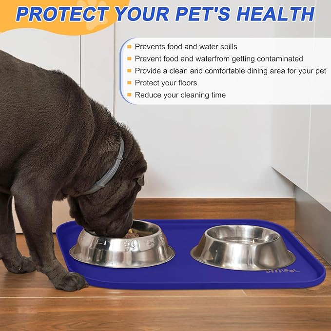 Silicone Pet Feeding Mat with Raised Edge, Dog Cat Bowl Mats for Food and Water, Pet Placemat for Floors Waterproof, 24” x 16” x 0.8” Navy Blue