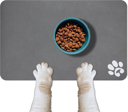 YCT Pet Cat Food Mats for Dog Food Mat, Cat Mat for Food, Pet Dog Cat Feeding Mat Eating Mat Pet Dog Cat Bowl Mats, Non-Slip Super Absorbent, with Footprints Logo，18.1 x 11.8 inches, Dark Grey