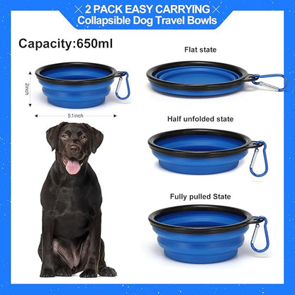 Collapsible Dog Bowl 2 Pack, 650ml Foldable Dog Travel Bowls Replacement, Portable Dog Water Food Bowl with Clasp, Pet Cat Feeding Cup Dish for Traveling, Walking, Hiking (Blue+Orange)