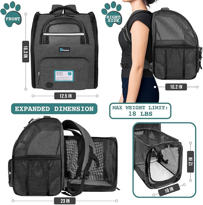 PetAmi Dog Cat Backpack Carrier, Expandable Pet Carrier Backpack for Travel Hiking, Small Medium Dog Puppy Large Cat Carrying Backpack, Airline Approved Ventilated Soft Back Support, 18 lbs, Dark Gray