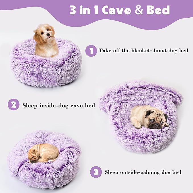 3in1 Dog Beds for Small Dogs with Blanket Attached and Removable Cover, Fluffy Donut Calming Cat Beds Washable Round(Purple,Medium)