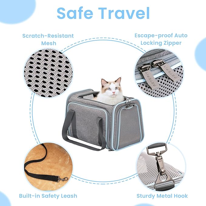 Petsfit Expandable Large Cat Carrier Small Dog Carriers Airline Approved, 17" Lx 11" Wx 11" H Soft-Sided Portable Washable Pet Travel Carrier with 2 Extension for Kittens, Puppies, Rabbits