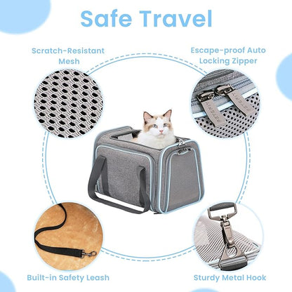 Petsfit Expandable Large Cat Carrier Small Dog Carriers Airline Approved, 17" Lx 11" Wx 11" H Soft-Sided Portable Washable Pet Travel Carrier with 2 Extension for Kittens, Puppies, Rabbits