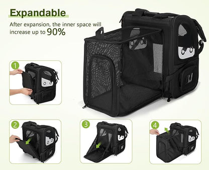 Pecute Pet Carrier Backpack, Large Cat Carrier Backpack, Expandable cat Backpack with Breathable Mesh for Medium Dogs Cats, or 2 Small Pets, Dog Backpack Carrier for Travel Hiking, Black