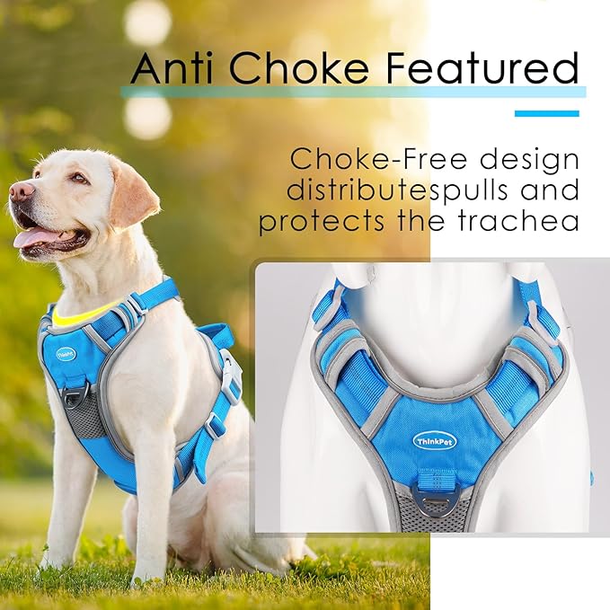 ThinkPet No Pull Harness Breathable Sport Harness with Handle-Dog Harnesses Reflective Adjustable for Medium Large Dogs,Back/Front Clip for Easy Control L Sky Blue