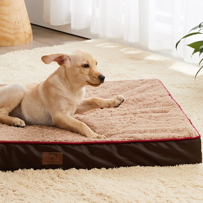 WNPETHOME Orthopedic Large Dog Bed, Dog Bed for Large Dogs with Egg Foam Crate Pet Bed with Soft Rose Plush Waterproof Dog Bed Cover Washable Removable（Dog Bed Large 36 x 27 x 3 inch Brown）