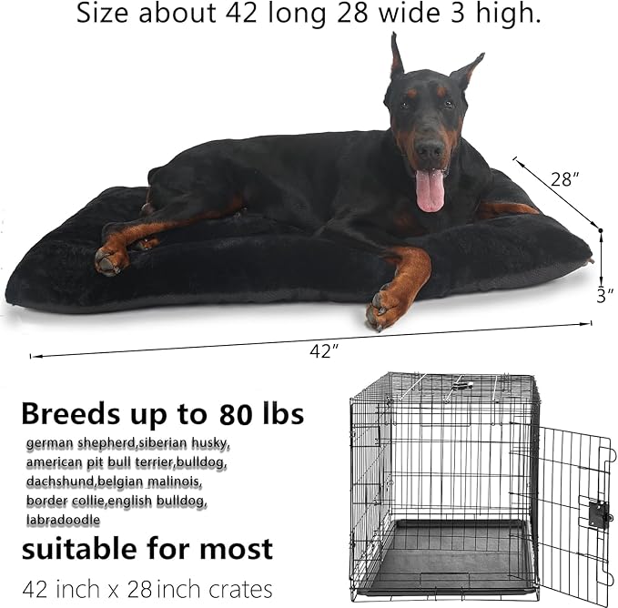 42x28 Dog Crate Bed for Large Dogs Washable,42 Inch Dog Bed for Crate or Cage Fits Dogs Breeds Up to 80 Lbs,Ultra Soft Pet Kennel Sleeping Pad with Anti-Slip Bottom,Black