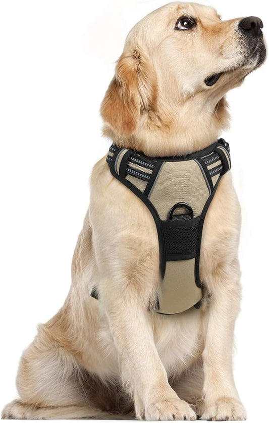 rabbitgoo Dog Harness, No-Pull Pet Harness with 2 Leash Clips, Adjustable Soft Padded Dog Vest, Reflective No-Choke Pet Oxford Vest with Easy Control Handle for Large Dogs, Beige, XL