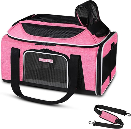 Petskd Top-Expandable Pet Carrier 17x12x8.5 Inches JetBlue Frontier Spirit Airline Approved, Soft-Sided Carrier for Small Cats and Dogs with Locking Safety Zippers and Anti-Scratch Mesh(Pink)