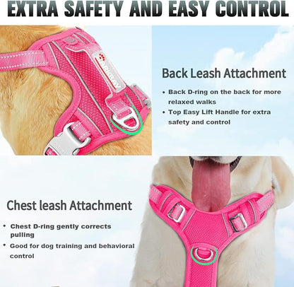 BARKBAY No Pull Dog Harness Large Step in Reflective Dog Harness with Front Clip and Easy Control Handle for Walking Training Running with ID tag Pocket(Pink