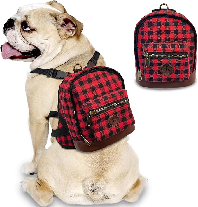 Lapewit Dog Backpack Cute Backpack for Dogs, Built-in Dog Poop Bag Dispenser, Buffalo Plaid & Pu Leather Design Dog Pack for Hiking Training and Daily Walking, Fit Puppy and Small Dogs