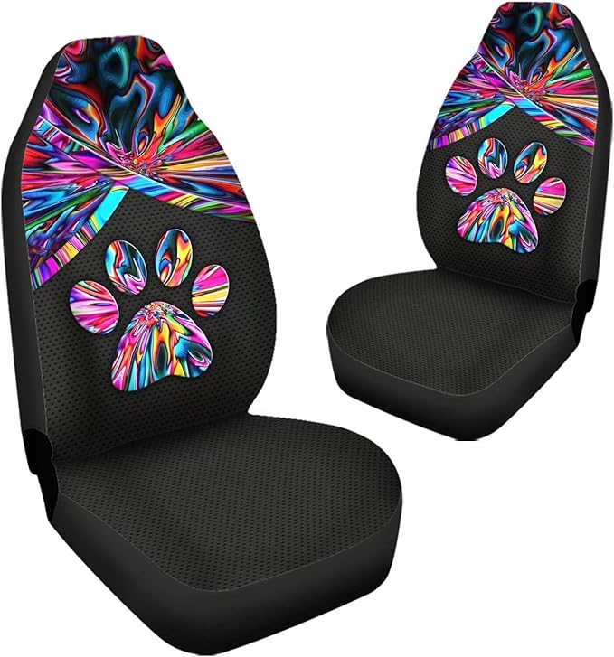 Colorful Trippy Dog Paw Printed Auto Front Seats Protector 2pcs Thin