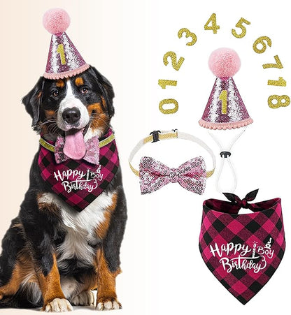 Dog Birthday Bandana Set Dog Girl Birthday Hat Happy Birthday with Numbers for Large X-Large Dogs Pets