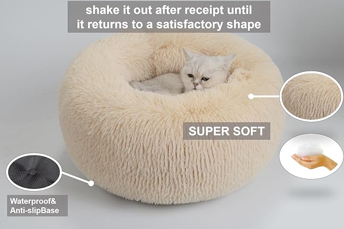 Calming Dog Bed & Cat Bed，Dount Washable Small Pet Bed，20 inches Fluffy Faux Fur Plush Dog Bed，Anti Anxiety Warming Cozy Soft Pet Bed (20”