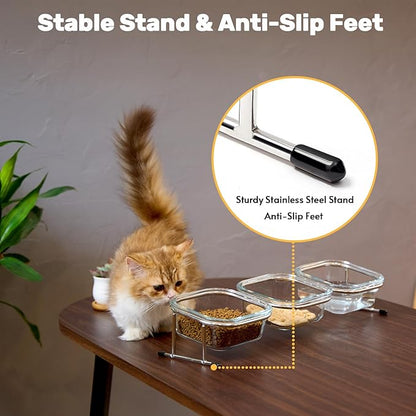 Elevated Cat Bowls, 15° Tilted Glass Raised Cat Food Bowl with Stainless Steel Stand, 3 Glass Cat Bowls and 4 Anti Slip Feet, Suitable for Cats and Little Dogs