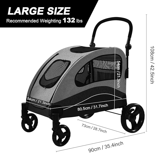 Large Dog Stroller-4 Wheel Pet Stroller Suitable for Medium to Large Dogs or 2 Dogs Stroller,132lbs Capacity,for