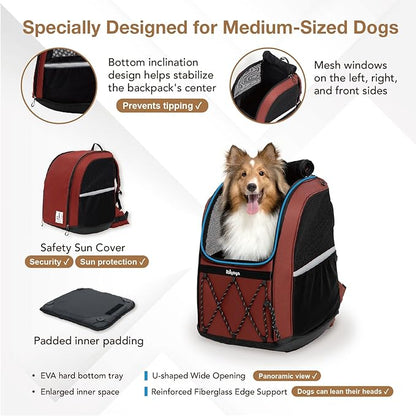 ibiyaya - Pet Carrier for Medium and Large Dogs - Champion 3-in-1 Large Dog Backpack Carrier with Water Resistant Fabric, Extra Storage, and Minimalist Folding and Storage - Maroon