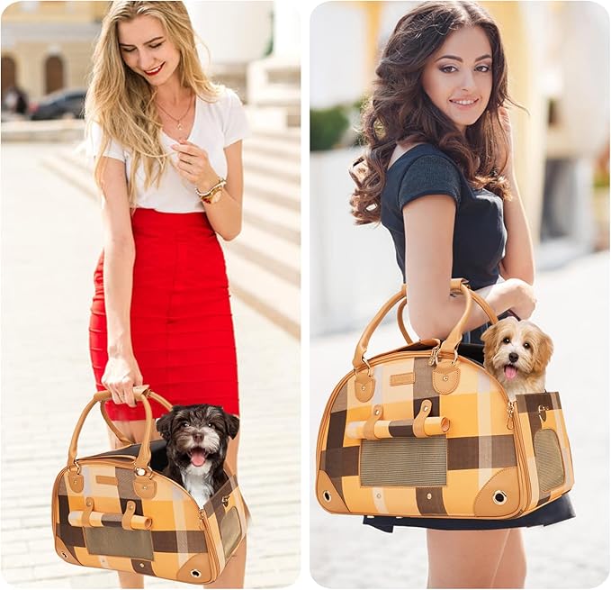 Dog Carrier, Cat Carrier, Pet Carrier, Foldable Premium PU Leather Dog Purse, Portable Tote Bag Carrier for Small to Medium Cats and Small Dogs（Plaid-Small）