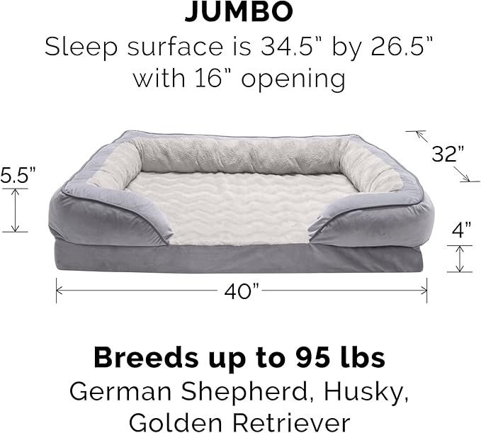 Furhaven Memory Foam Dog Bed for Large Dogs w/ Removable Bolsters & Washable Cover 95 lbs 40.0"L x 32.0"W x 9.5"Th