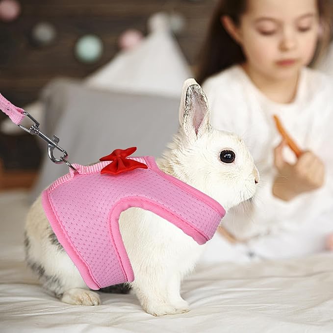 AIITLE Bunny Harness and Leash Set with Cute Bow, Soft Breathable Mesh Vest Harness for Rabbits Kitten Ferret Small Pig Puppy Walking Supplies Pink M