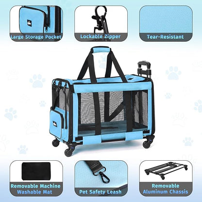 Large Cat Carrier with Wheels, Foldable Rolling Cat Carrier for 2 Cats with Wheels for Cat Dog Under 30 lbs, Cat Carrier Travel Bag with Large Pocket for Outdoor, Blue