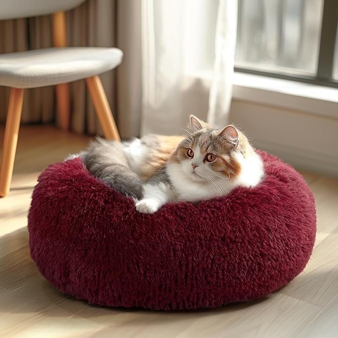Veehoo Calming Cat Bed for Small Cats 20", Burgundy