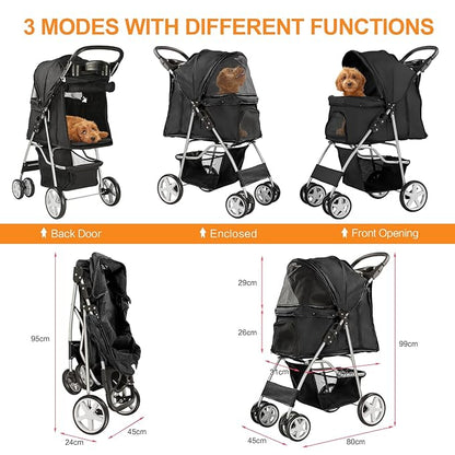 Pet Stroller for Small Dogs and CatsQuick-Folding Portable Travel Cat Dog Stroller with Storage Basket and Cup Holder 4 Wheels,