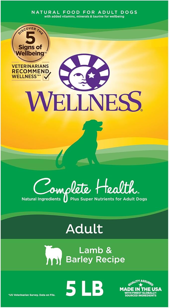 Wellness Complete Health Dry Dog Food with Grains, Natural Ingredients, Made in USA with Real Meat, All Breeds, For Adult Dogs (Lamb & Barley, 5-Pound Bag)