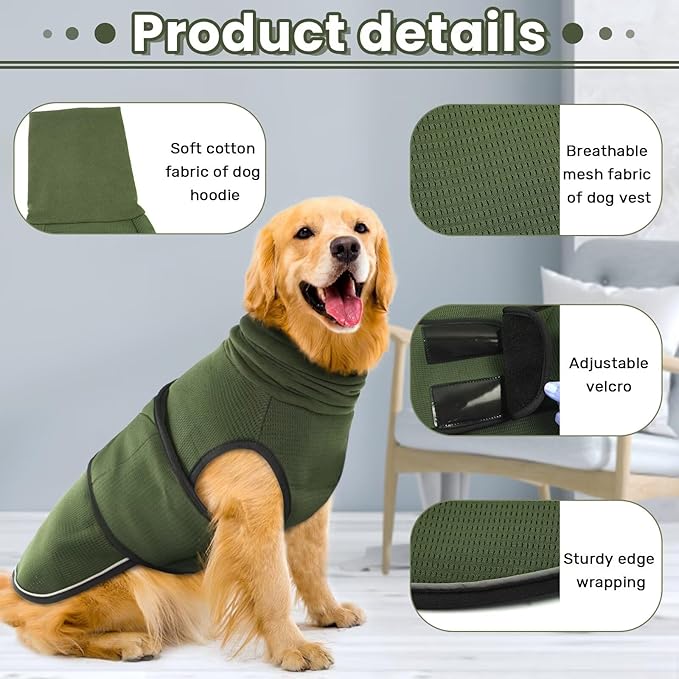 IDOMIK Dog Anxiety Calming Hoodie,Breathable Dog Anxiety Jacket Vest Coat for Thunderstorms,Fireworks,Vet Visits,Separation,Adjustable Dog Hoodies for Noise Block & Ear Protection Recovery,Green,2XL