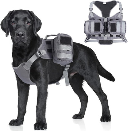 ROZKITCH Dog Backpack for Medium & Large Dogs Outdoor Hiking Camping, Dog Saddle Bag with Side Pockets & Adjustable Strap, Pet Harness Tactical Pack for Hunting Training Running Walk Travel Grey M