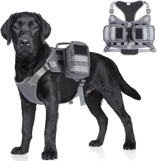 ROZKITCH Dog Backpack for Medium & Large Dogs Outdoor Hiking Camping, Dog Saddle Bag with Side Pockets & Adjustable Strap, Pet Harness Tactical Pack for Hunting Training Running Walk Travel Grey S