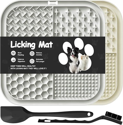 2 PCS Licking Mat for Dogs & Cats with Suction Cups, Dog Slow Feeder Lick Pat for Anxiety Relief, Dog Toys Feeding Mat for Butter Yogurt Peanut, Pets Bathing Grooming Training Mat (Grey&Beige)