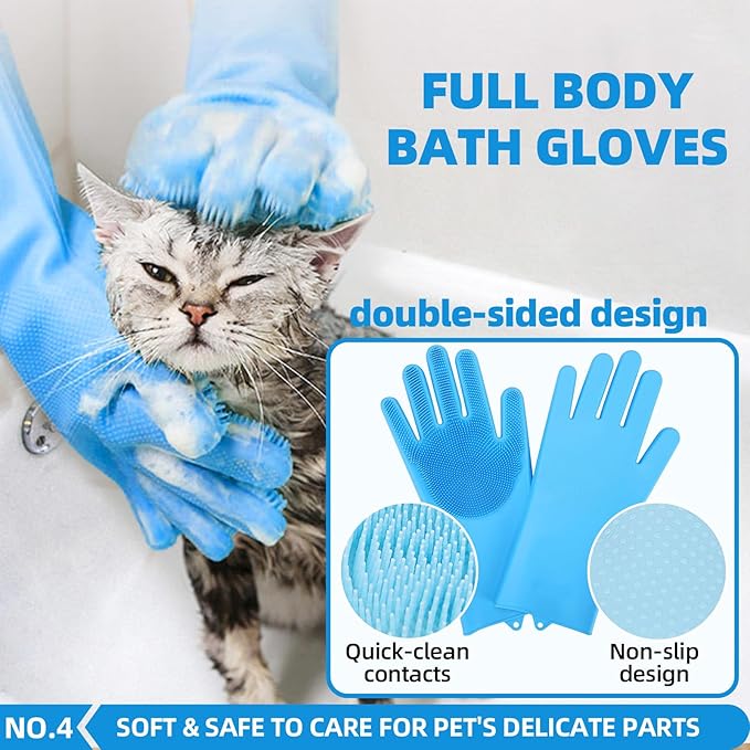 Bath Grooming Kit with Hair Brush, Towel & Scrubber Gloves - 6-in-1 Slicker Brush for Shedding Dogs & Cats, Blue