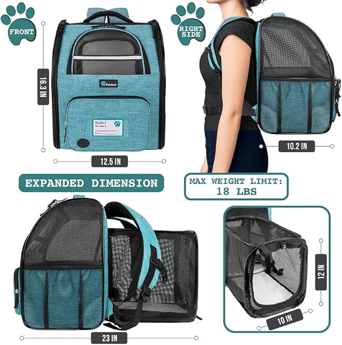 PetAmi Dog Cat Backpack Carrier, Expandable Pet Carrier Backpack for Travel Hiking, Small Medium Dog Puppy Large Cat Carrying Backpack, Airline Approved Ventilated Soft Back Support, 18 lbs, Teal Blue