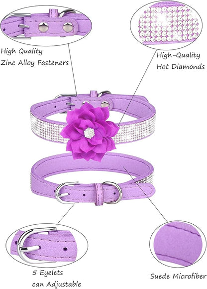 Rhinestone Dog Collar for Small Medium Dogs Purple Small Dog Collar for Girl Female Dogs Flower Puppy Collar for Summer Spring Wedding Puppy Necklace Girl Dog Collar (Purple
