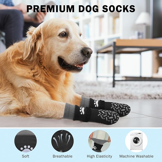 SCENEREAL Dog Socks to Prevent Licking Paws for Hot Pavement, Anti Slip Long Dog Grip Socks for Hardwood Floors, Dog Shoes Booties&Paw Protector for Small Medium Large Senior Dog, Pet Socks for Wounds