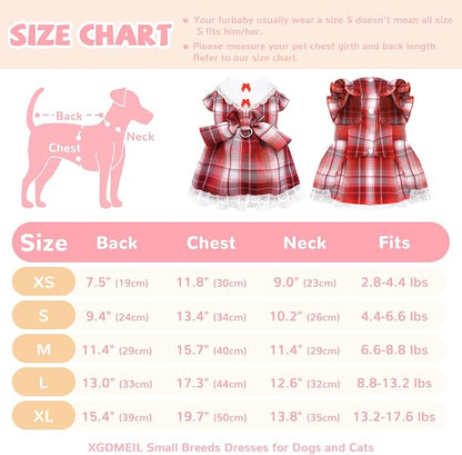 Plaid Dog Dress for Small Dogs Cats Bowknot Girl Dog Clothes with D-Ring Cute Princess Pet Puppy Dresses Spring Summer Pet Outfits for Chihuahua Yorkies Shih Tzu（Red