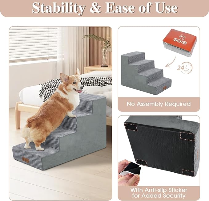 4-Step Grey Dog Stairs for Medium Dogs - Steps for Dogs to get on Bed, Non-Slip Removable Washable Cover, Friendly to Older and Injured Dogs, 18" High