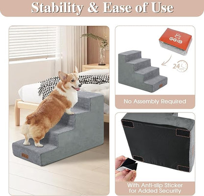 4-Step Grey Dog Stairs for Medium Dogs - Steps for Dogs to get on Bed, Non-Slip Removable Washable Cover, Friendly to Older and Injured Dogs, 18" High