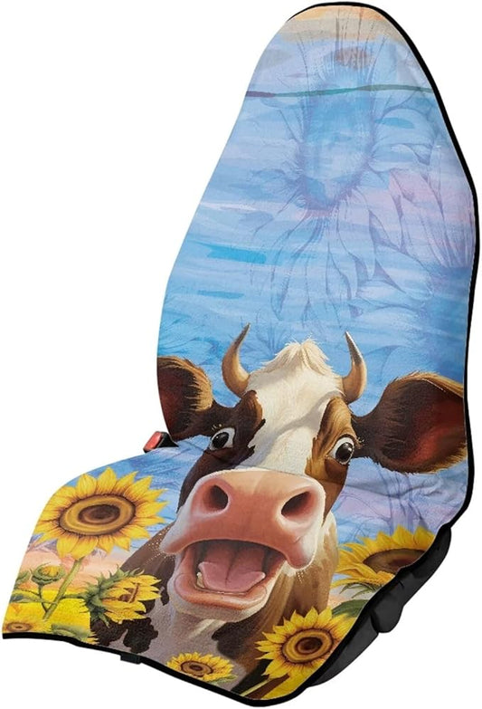 Cow Sunflower Sweatproof Towel Car Front Seat Cover Non-Slip Bucket Seat Protector Easy to Install for Athletes